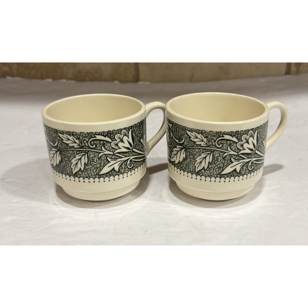 Set Of 2 Vintage Scio Avon Retro Green Vine Pattern Ceramic Coffee Teacups USA